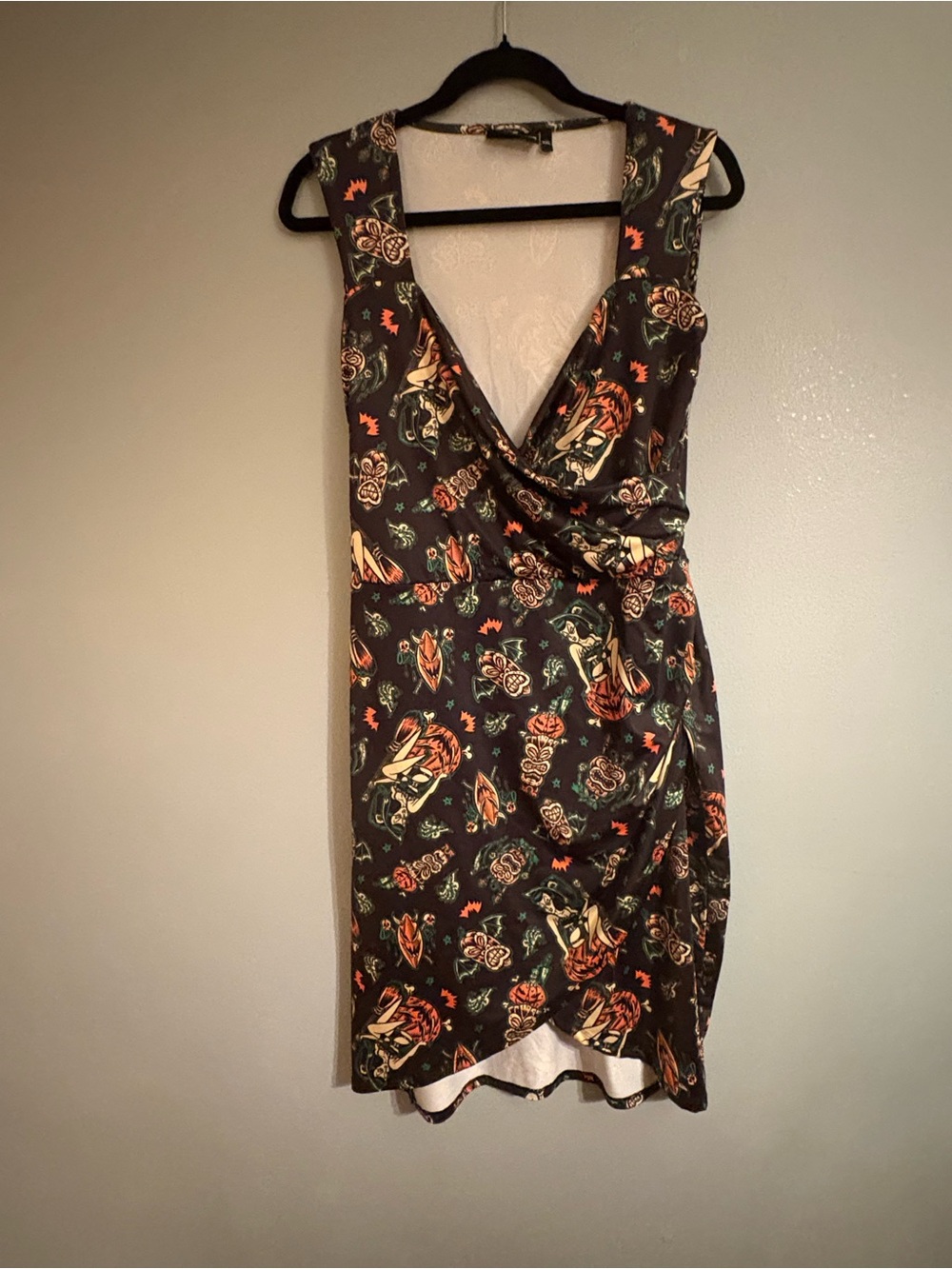 **ALTERED - PLEASE READ** Sourpuss V-Neck Halloween Tiki Black Wrap Wiggle Dress